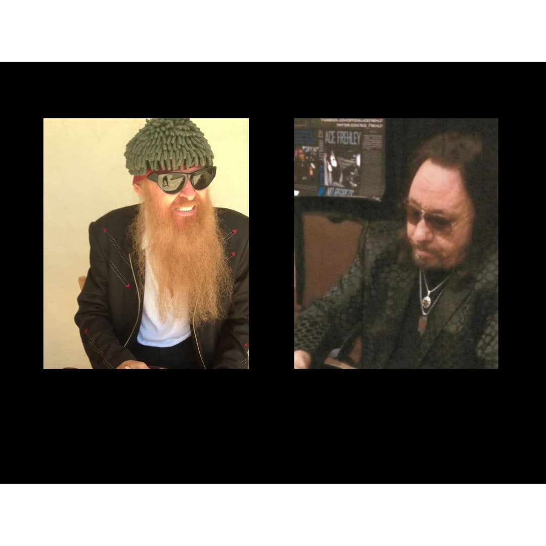 Billy Gibbons 'ZZ Top" and Ace Frehley "Kiss" legendary guitarists full size les paul one of a kind signed with proof