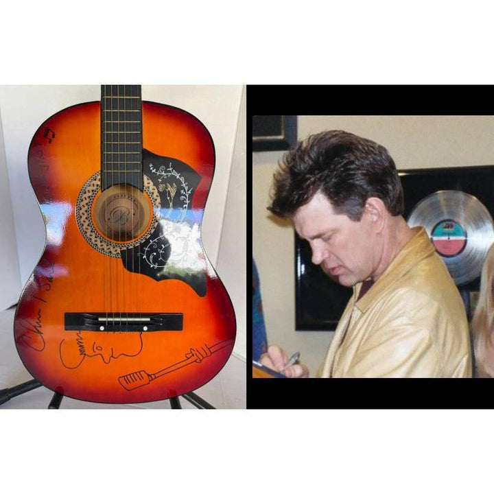 Chris Isaak vintage acoustic guitar signed and sketched with proof