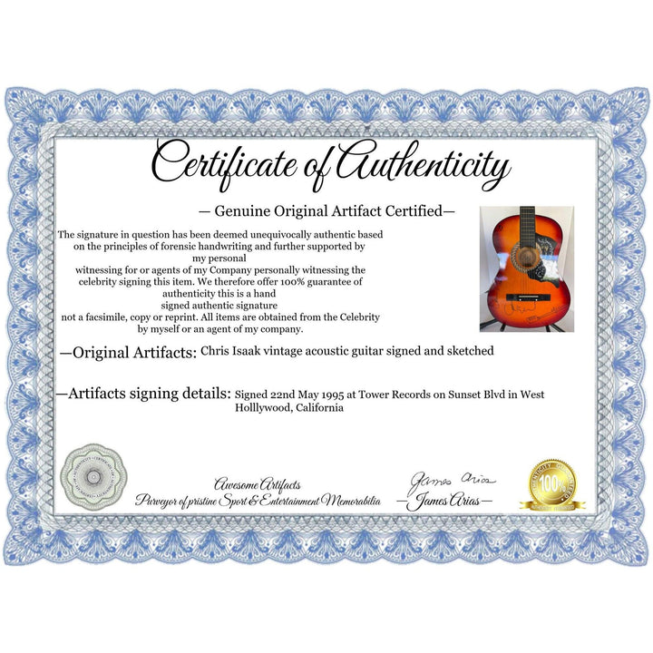 Chris Isaak vintage acoustic guitar signed and sketched with proof
