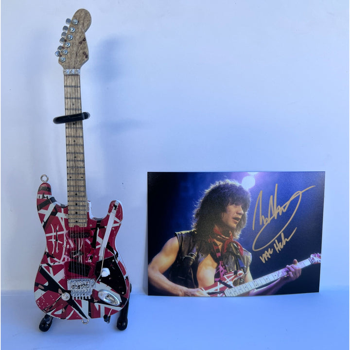 Eddie Van Halen 5x7 photo signed with proof and free miniature guitar like Eddie used