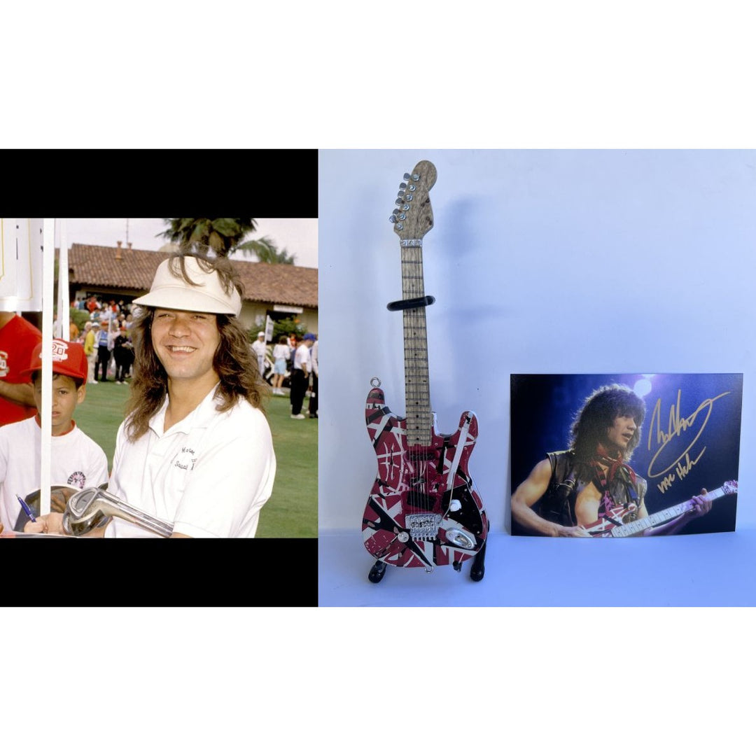 Eddie Van Halen 5x7 photo signed with proof and free miniature guitar like Eddie used