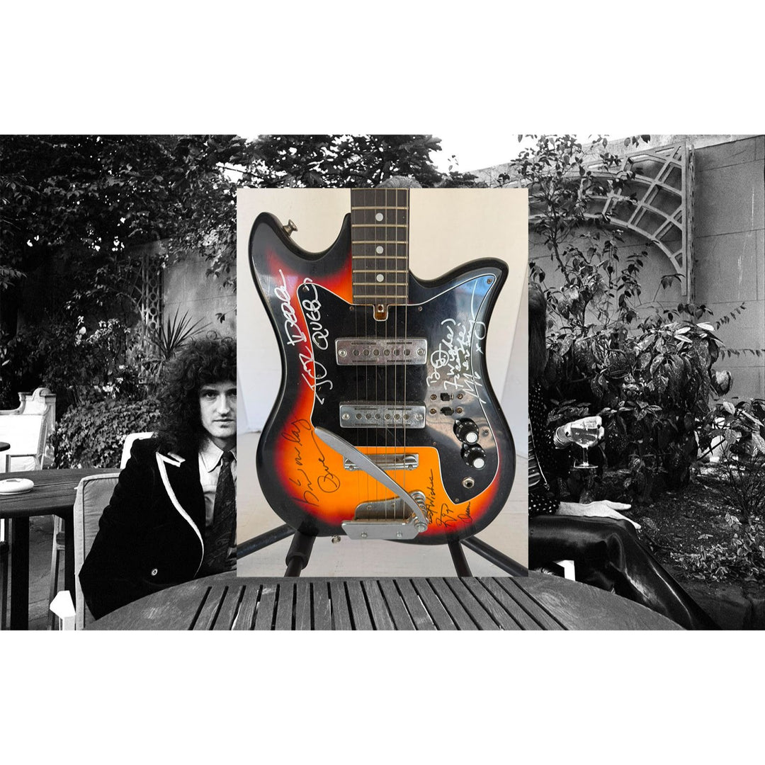 Freddie Mercury, Brian May, Roger Taylor, John Deacon Queen one-of-a kind vintage full size electric guitar signed with proof.