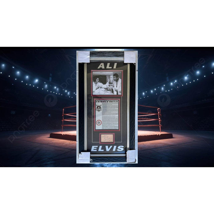 Muhammed Ali 8x10 photo and Elvis Presley autograph page with 19x37 museum quality frame signed with proof