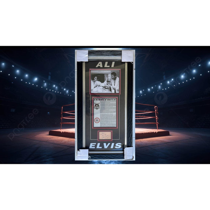 Muhammed Ali 8x10 photo and Elvis Presley autograph page with 19x37 museum quality frame signed with proof