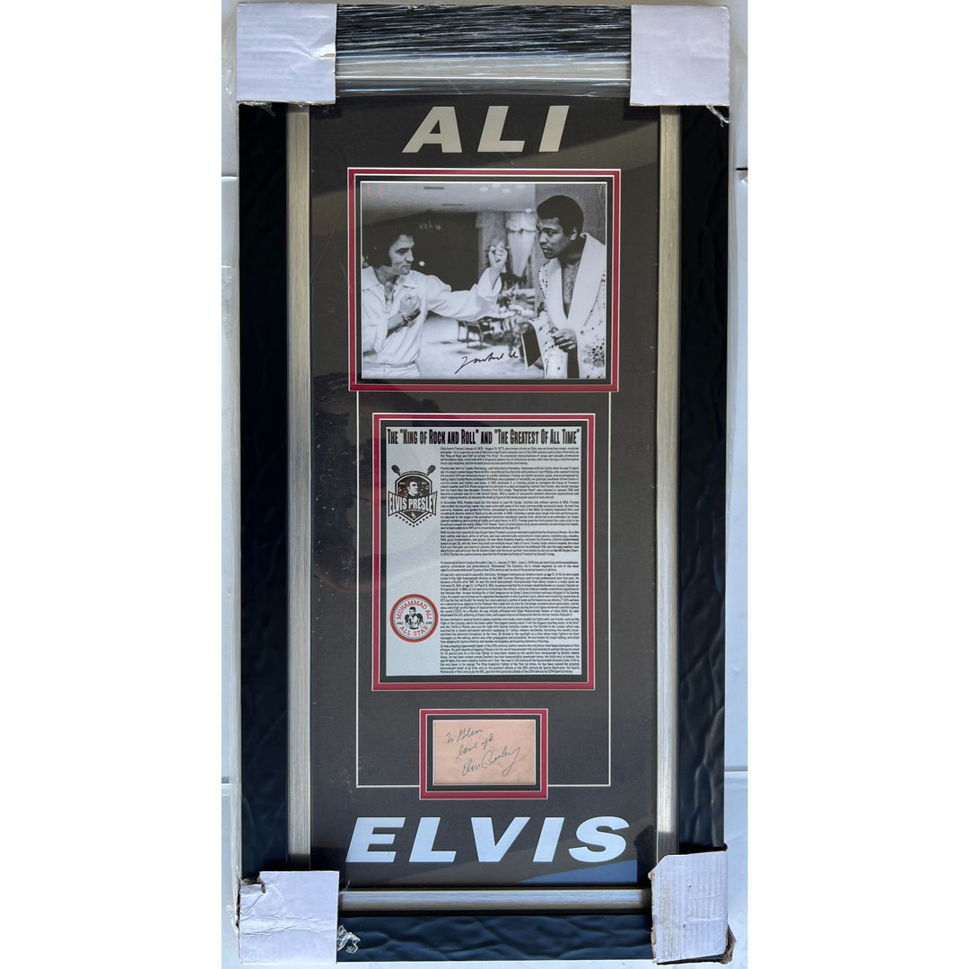 Muhammed Ali 8x10 photo and Elvis Presley autograph page with 19x37 museum quality frame signed with proof