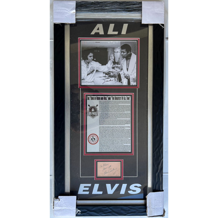 Muhammed Ali 8x10 photo and Elvis Presley autograph page with 19x37 museum quality frame signed with proof