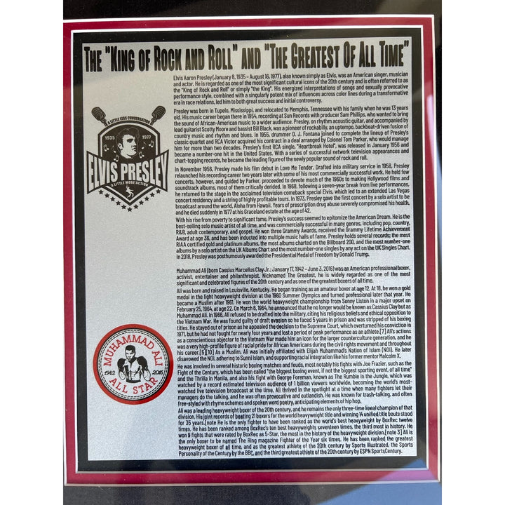 Muhammed Ali 8x10 photo and Elvis Presley autograph page with 19x37 museum quality frame signed with proof
