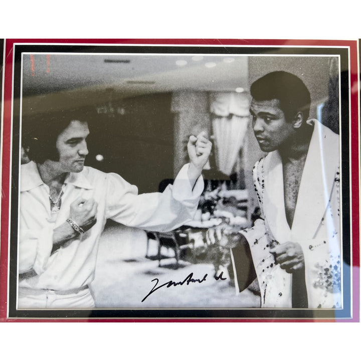 Muhammed Ali 8x10 photo and Elvis Presley autograph page with 19x37 museum quality frame signed with proof