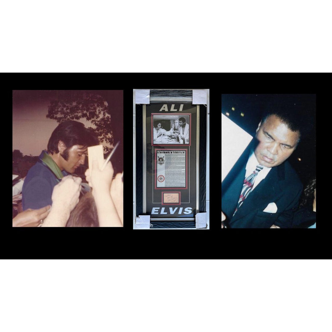 Muhammed Ali 8x10 photo and Elvis Presley autograph page with 19x37 museum quality frame signed with proof