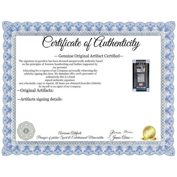 Muhammed Ali 8x10 photo and Elvis Presley autograph page with 19x37 museum quality frame signed with proof