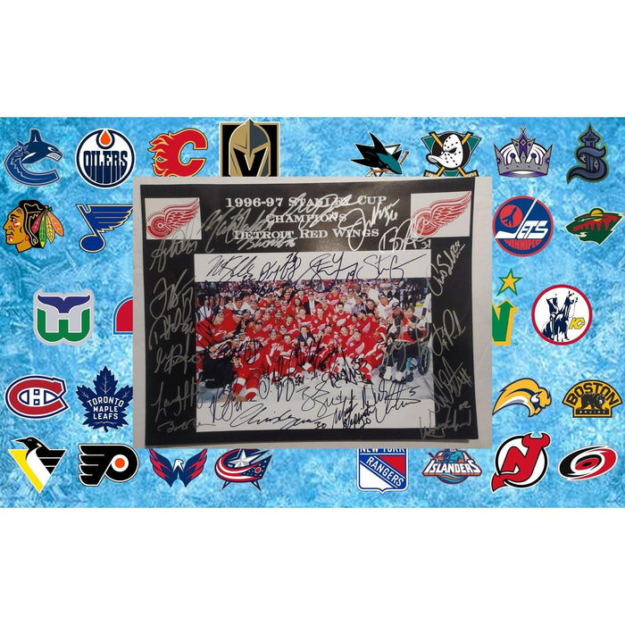 Sergi Federov Brett Hull Steve Yzerman 1996-97 Detroit Red Wings Stanley Cup champions team signed 11x14 photo