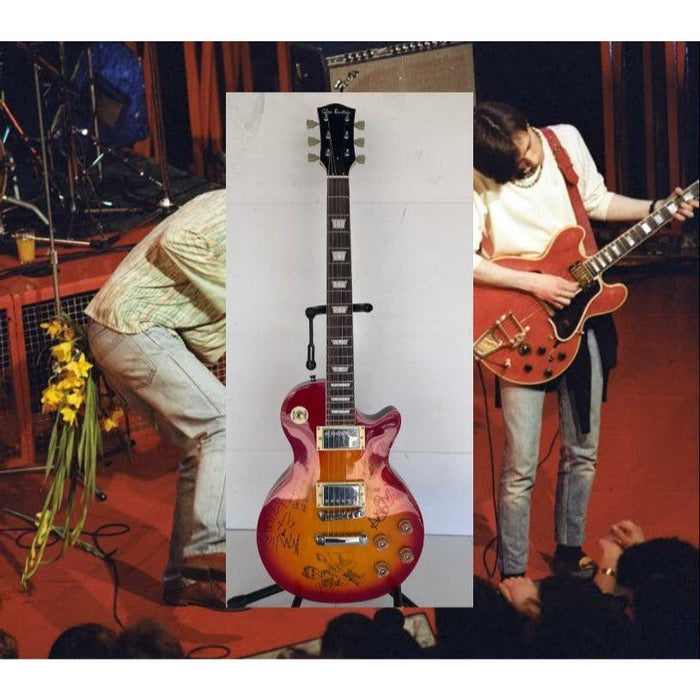 The Smiths Morrisey with sketch/ lyrics , Johnny Marr (with sketch), Andy Rourke, Mike Joyce vintage les paul signed with proof