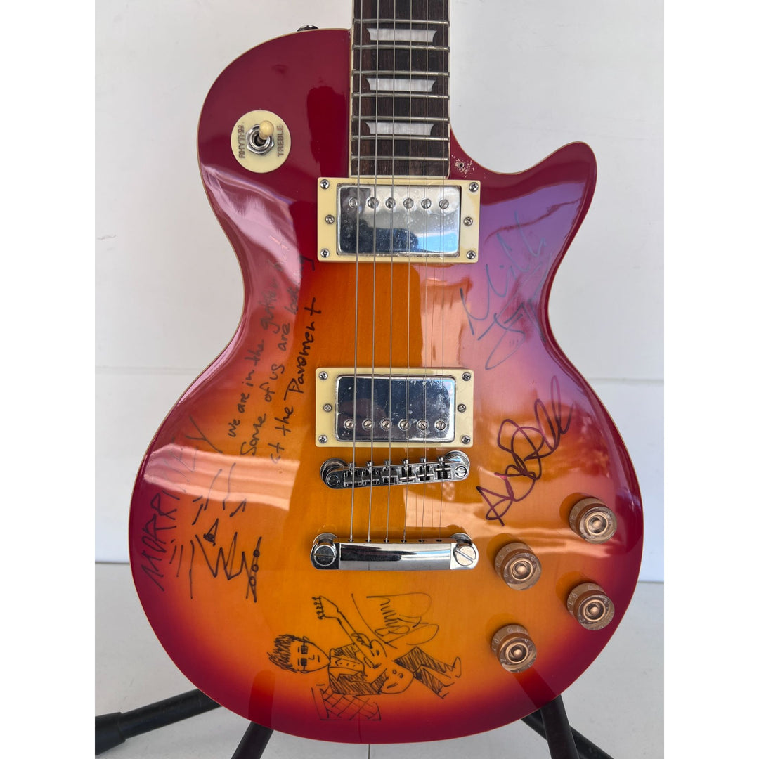 The Smiths Morrisey with sketch/ lyrics , Johnny Marr (with sketch), Andy Rourke, Mike Joyce vintage les paul signed with proof.