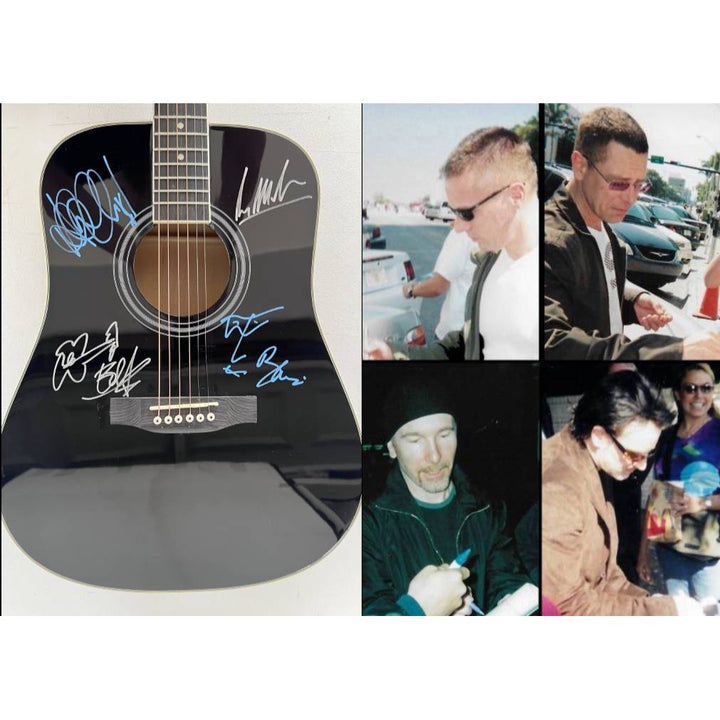 U2 Irish rock band Bono, the Edge, Adam Clayton, and Larry Mullen Jr. full size acoustic guitar signed with proof.