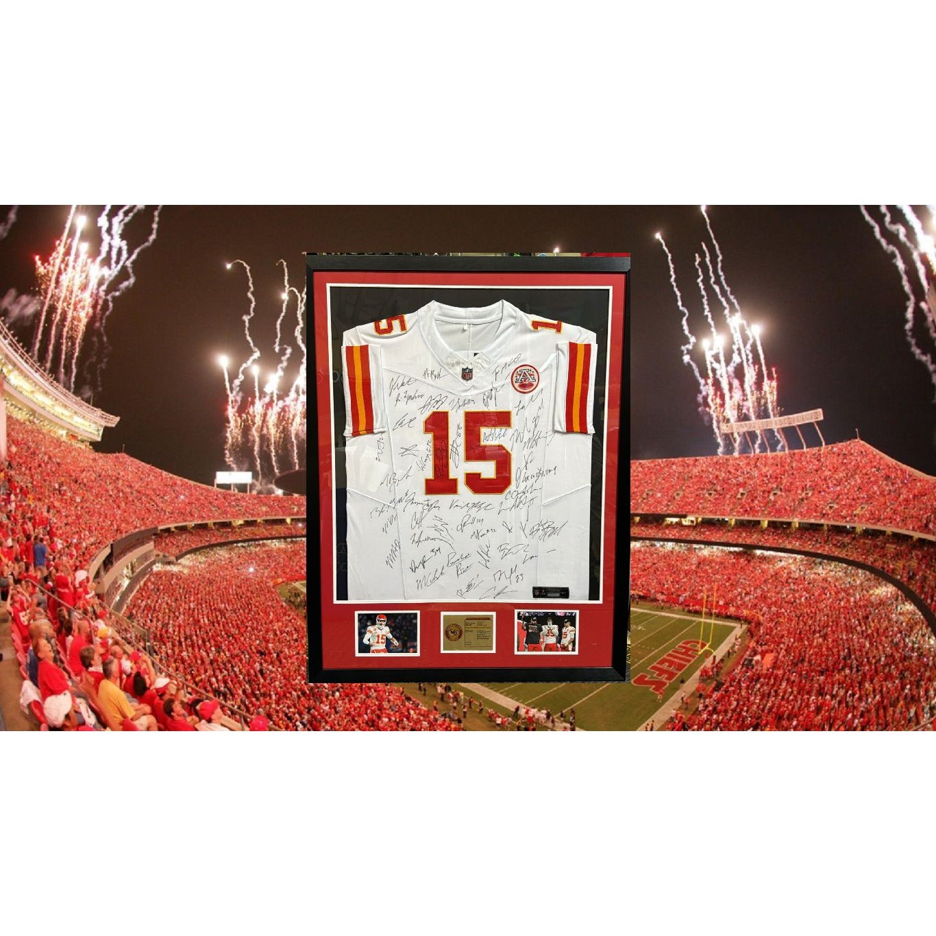 Kansas City Chiefs Patrick Mahomes Travis Kelce Chris Jones Andy Reid 2023-24 Holmes game model jersey xl team signed & framed 40x38