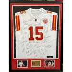 Load image into Gallery viewer, Kansas City Chiefs Patrick Mahomes Travis Kelce Chris Jones Andy Reid 2023-24 Holmes game model jersey xl team signed &amp; framed 40x38
