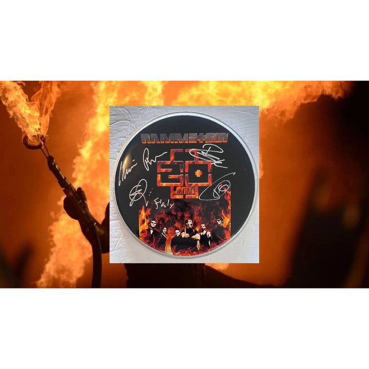 Rammstein Till Lindemann, Richard Kruspe, Flake Lorenz 14-in one-of-a-kind drumhead signed with proof Awesome Artifacts