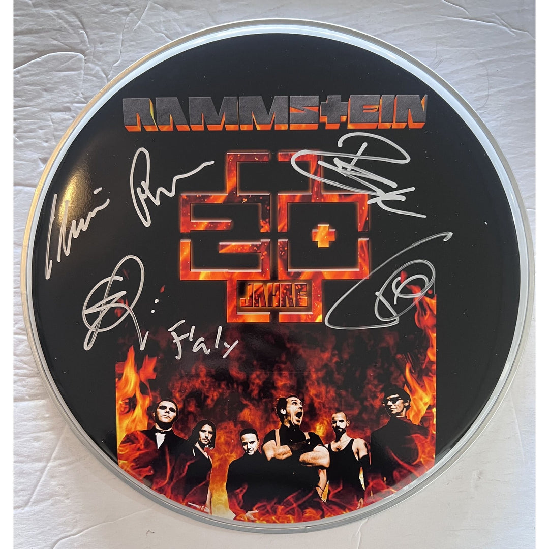 Rammstein Till Lindemann, Richard Kruspe, Flake Lorenz 14-in one-of-a-kind drumhead signed with proof Awesome Artifacts