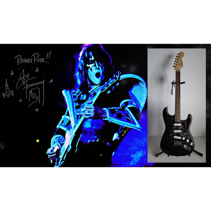 Ace Frehley legendary Kiss guitarist signed with scetch Fender Stratocaster Squier electric guitar signed with proof