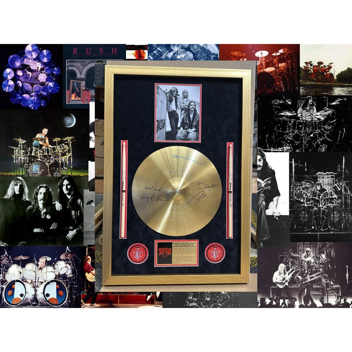 Rush 12' Cymbal signed Neil Peart, Geddy Lee, Alex Lifeson with a museum quality frame 25x 37