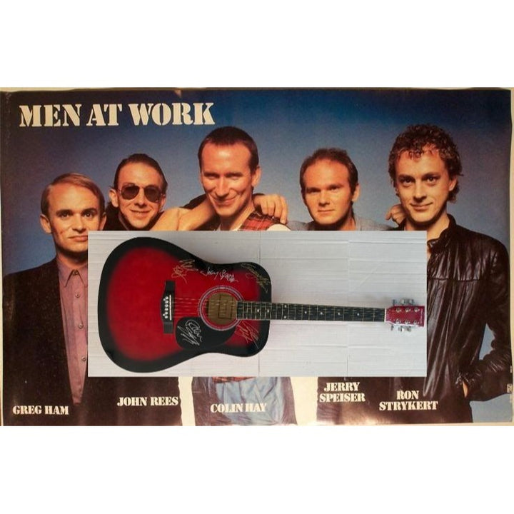 Men At Work, Colin Hay, Ron Strykert, Greg Ham, Jerry Speiser and John Rees full size acoustic guitar signed.