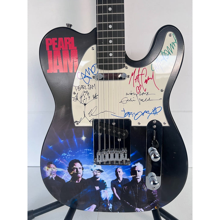 Pearl Jam Eddie Vedder Jeff Ament Stone Gossard Mike McCready Matt Cameron full size electric guitar signed with proof.