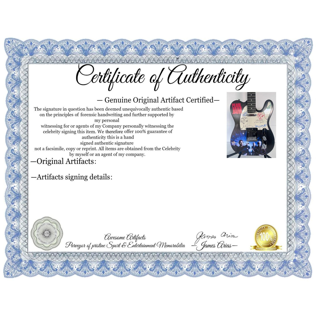 Pearl Jam Eddie Vedder Jeff Ament Stone Gossard Mike McCready Matt Cameron full size electric guitar signed with proof.