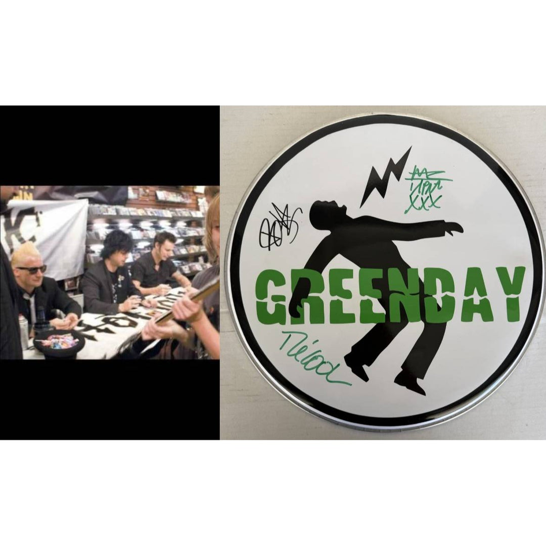 Green Day Billie Joe Armstrong Tré Cool 10-in one-of-a-kind drumhead signed with proof.