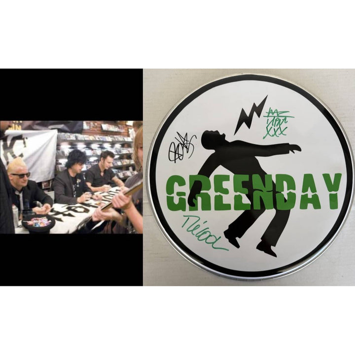 Green Day Billie Joe Armstrong Tré Cool 10-in one-of-a-kind drumhead signed with proof.