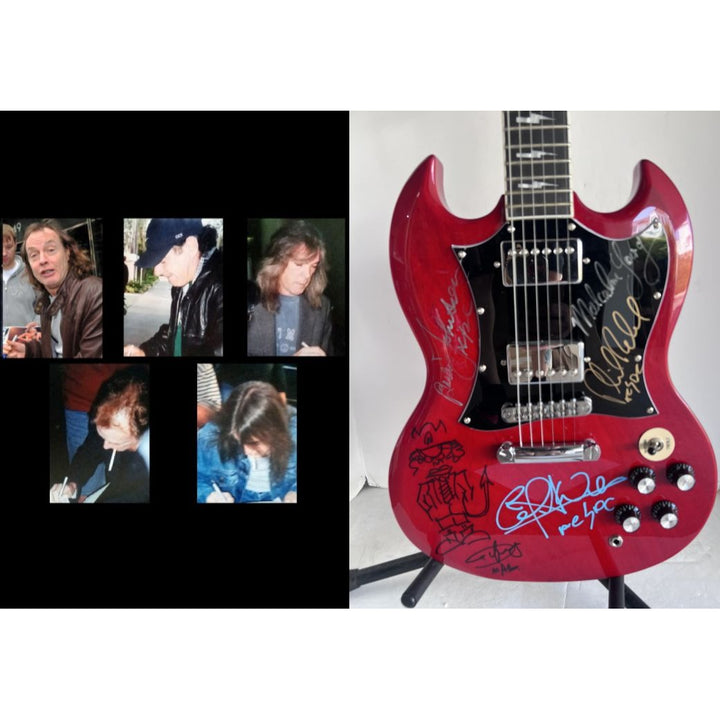 ACDC Angus & Malcolm Young Brian Johnson Cliff Williams Phil Rudd SG Red Electric Guitar 22 frets signed with proof