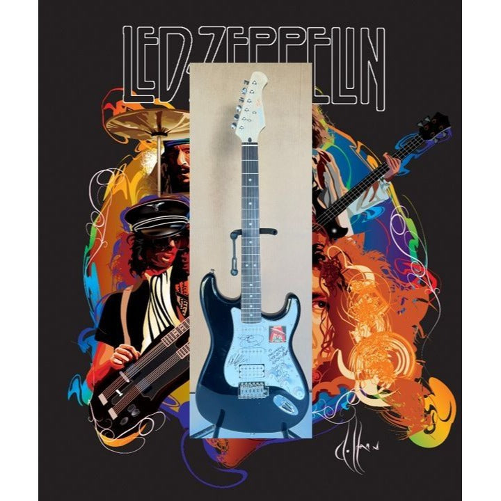 Led Zeppelin Jimmy Page, Robert Plant Jone Paul Jones with sketch full size Stratocaster electric guitar signed with proof