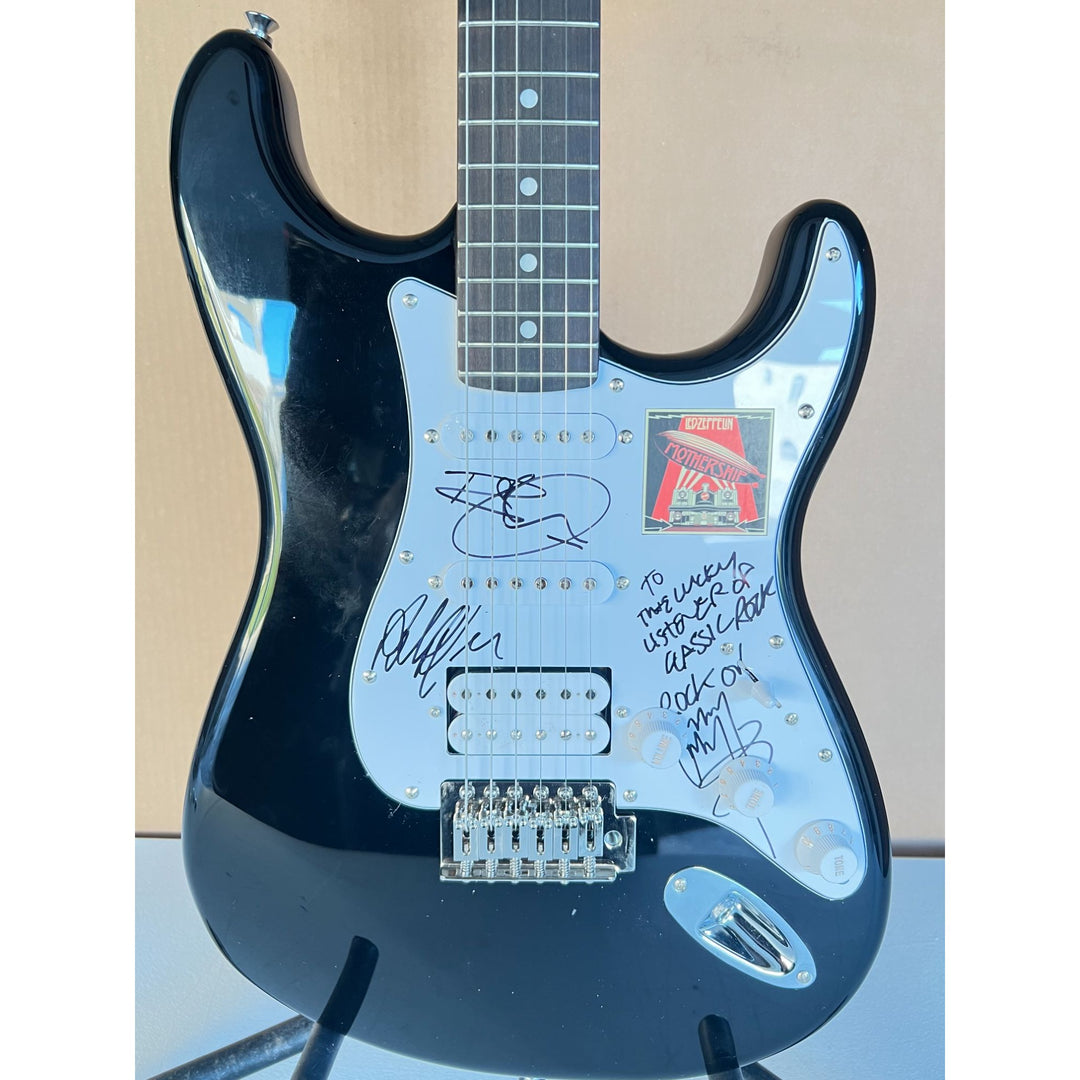 Led Zeppelin Jimmy Page, Robert Plant Jone Paul Jones with sketch full size Stratocaster electric guitar signed with proof