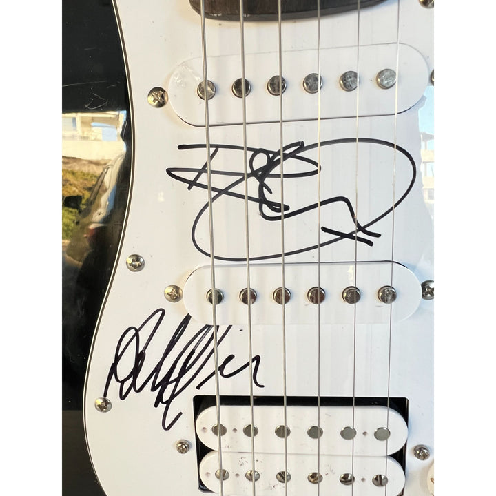 Led Zeppelin Jimmy Page, Robert Plant Jone Paul Jones with sketch full size Stratocaster electric guitar signed with proof