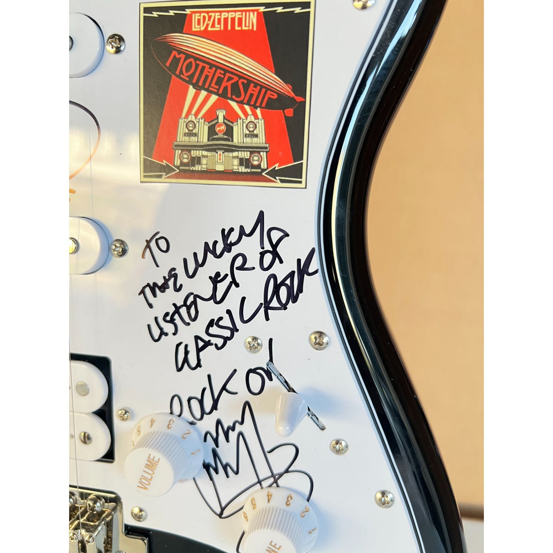 Led Zeppelin Jimmy Page, Robert Plant Jone Paul Jones with sketch full size Stratocaster electric guitar signed with proof