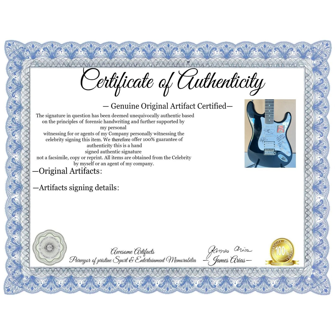 Led Zeppelin Jimmy Page, Robert Plant Jone Paul Jones with sketch full size Stratocaster electric guitar signed with proof