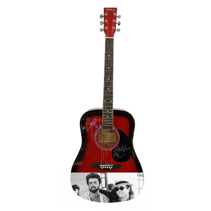 George Michael and Elton John full size acoustic guitar signed with proof