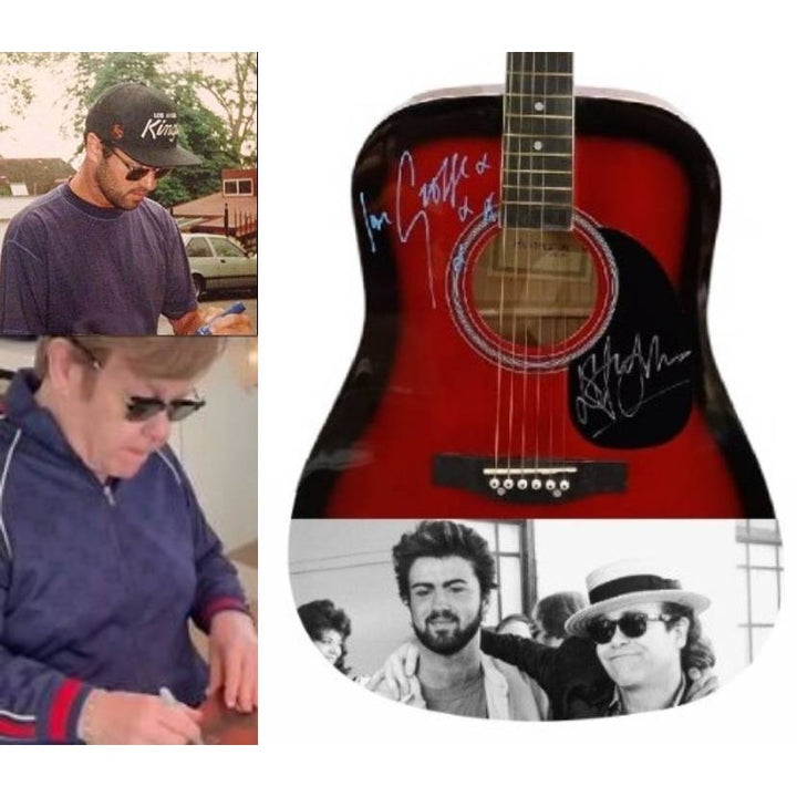 George Michael and Elton John full size acoustic guitar signed with proof