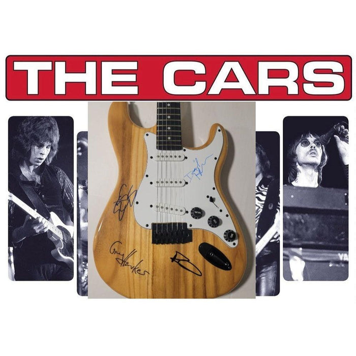 The Cars Ric Ocasek, Benjamin Orr, Elliot Easton, Greg Hawkes, vintage wood grain stratocaster electric guitar signed with proof