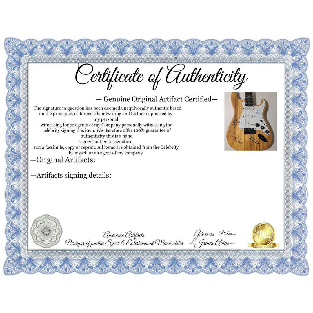 The Cars Ric Ocasek, Benjamin Orr, Elliot Easton, Greg Hawkes, vintage wood grain stratocaster electric guitar signed with proof Awesome Artifacts