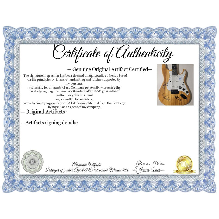 The Cars Ric Ocasek, Benjamin Orr, Elliot Easton, Greg Hawkes, vintage wood grain stratocaster electric guitar signed with proof Awesome Artifacts