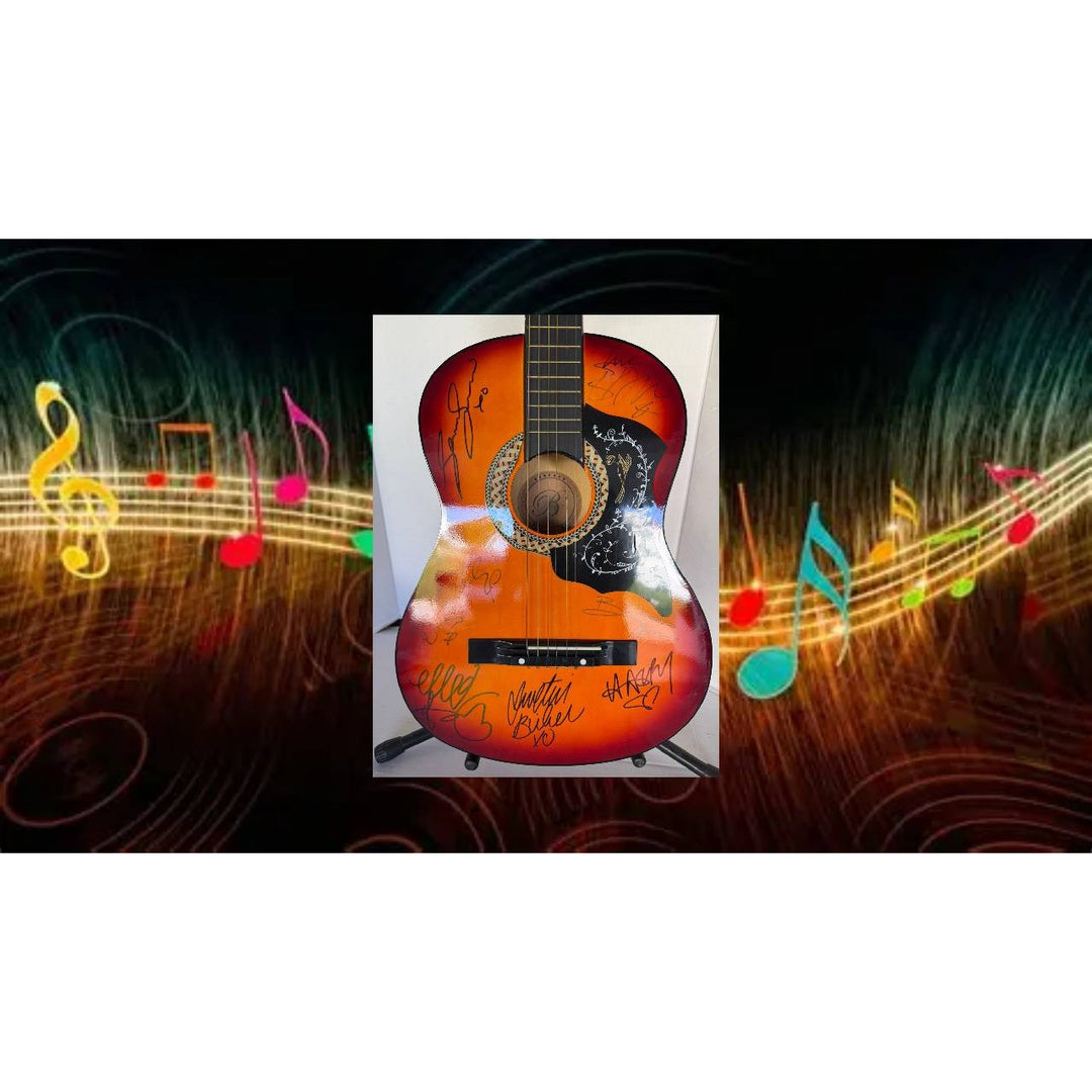 Ed Sheeran, Adele, Harry Styles, Sam Smith, Justin Bieber, Ellie Goulding & Bruno Mars vintage acoustic guitar signed with proof