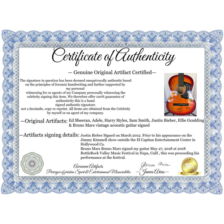 Ed Sheeran, Adele, Harry Styles, Sam Smith, Justin Bieber, Ellie Goulding & Bruno Mars vintage acoustic guitar signed with proof