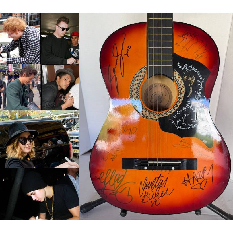 Ed Sheeran, Adele, Harry Styles, Sam Smith, Justin Bieber, Ellie Goulding & Bruno Mars vintage acoustic guitar signed with proof