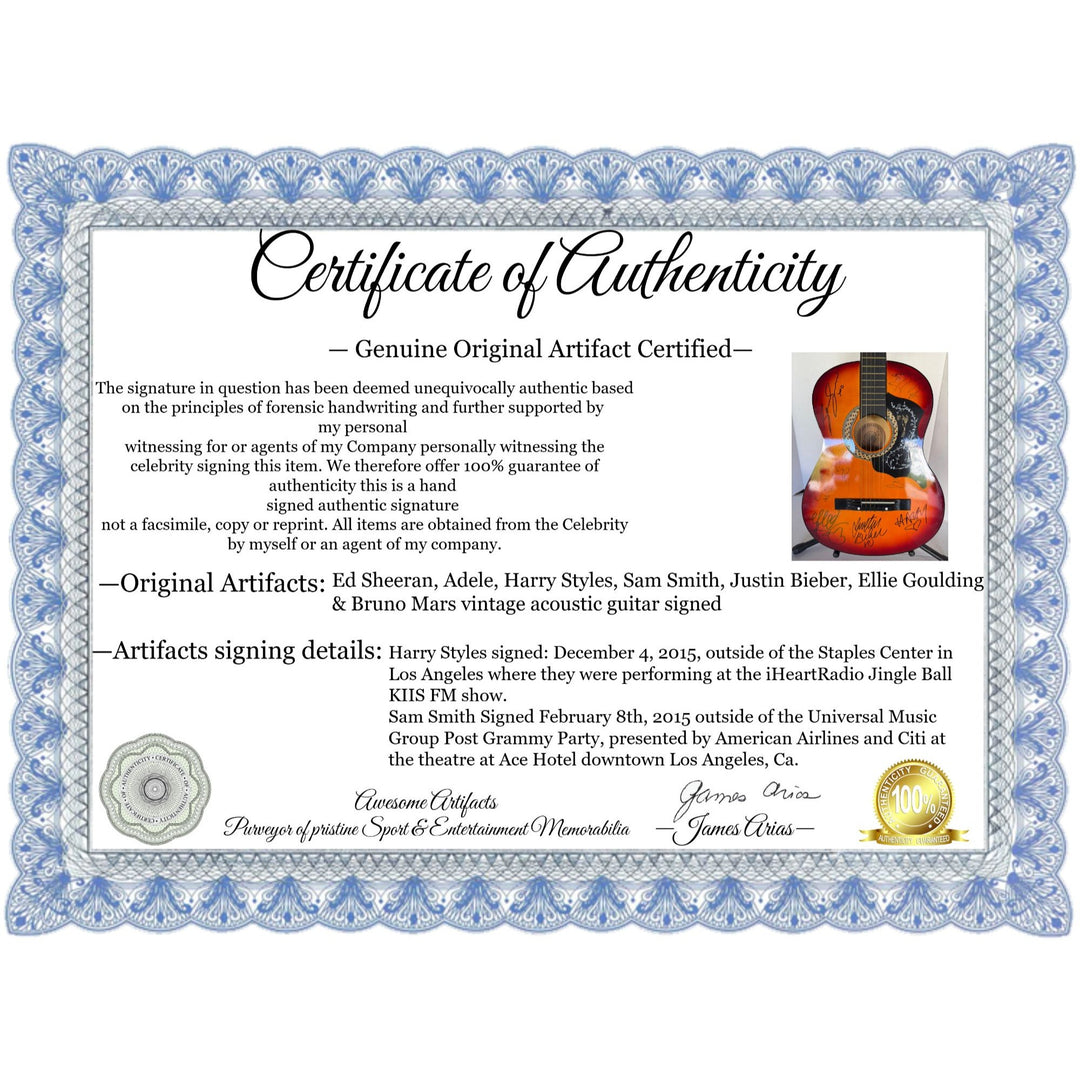 Ed Sheeran, Adele, Harry Styles, Sam Smith, Justin Bieber, Ellie Goulding & Bruno Mars vintage acoustic guitar signed with proof