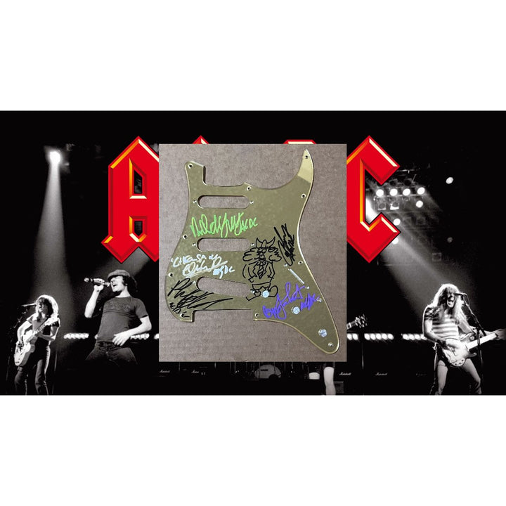 ACDC Angus Young Malcolm Young Brian Johnson Cliff Williams Phil Rudd stratocaster electric guitar pickguard signed with proof