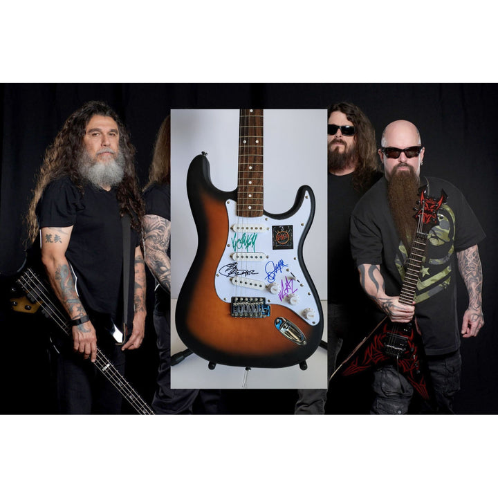 Slayer Kerry King, Tom Araya, Paul Bostaph, Gary Holt, authentic Fender Stratocaster electric guitar signed with proof