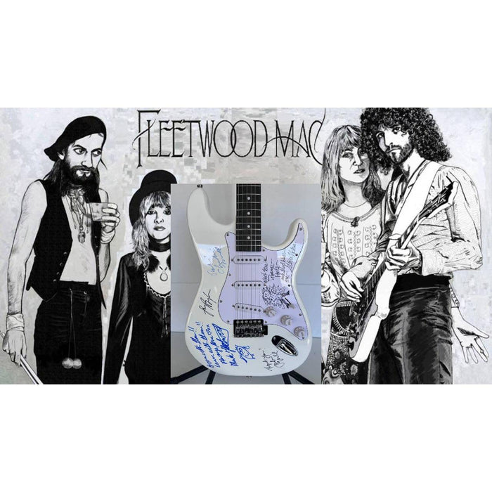 Fleetwood Mac Stevie Nicks Peter Green Mick Fleetwood John and Christy McVie Lindsay Buckingham electric guitar signed with proof