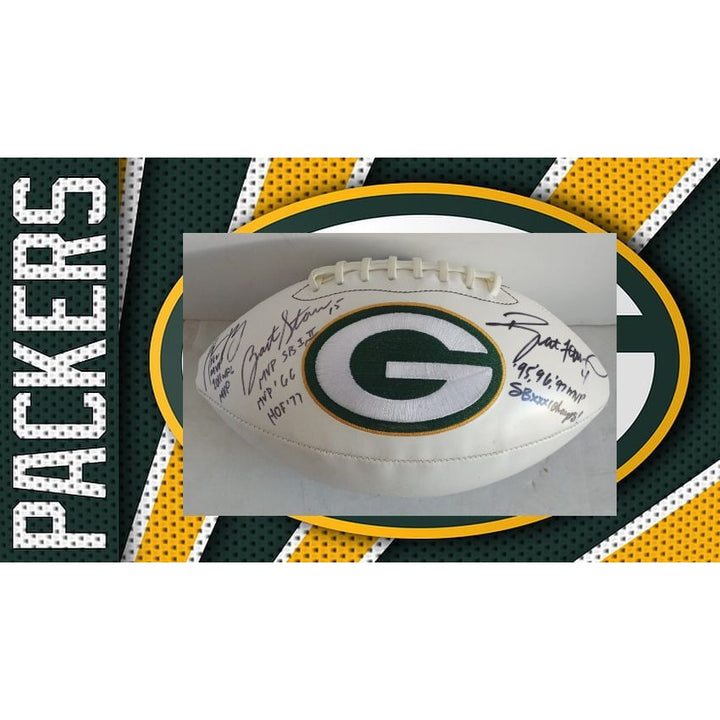 Green Bay Packers Bart Starr Aaron Rodgers Brett Favre full size football signed with proof and inscriptions