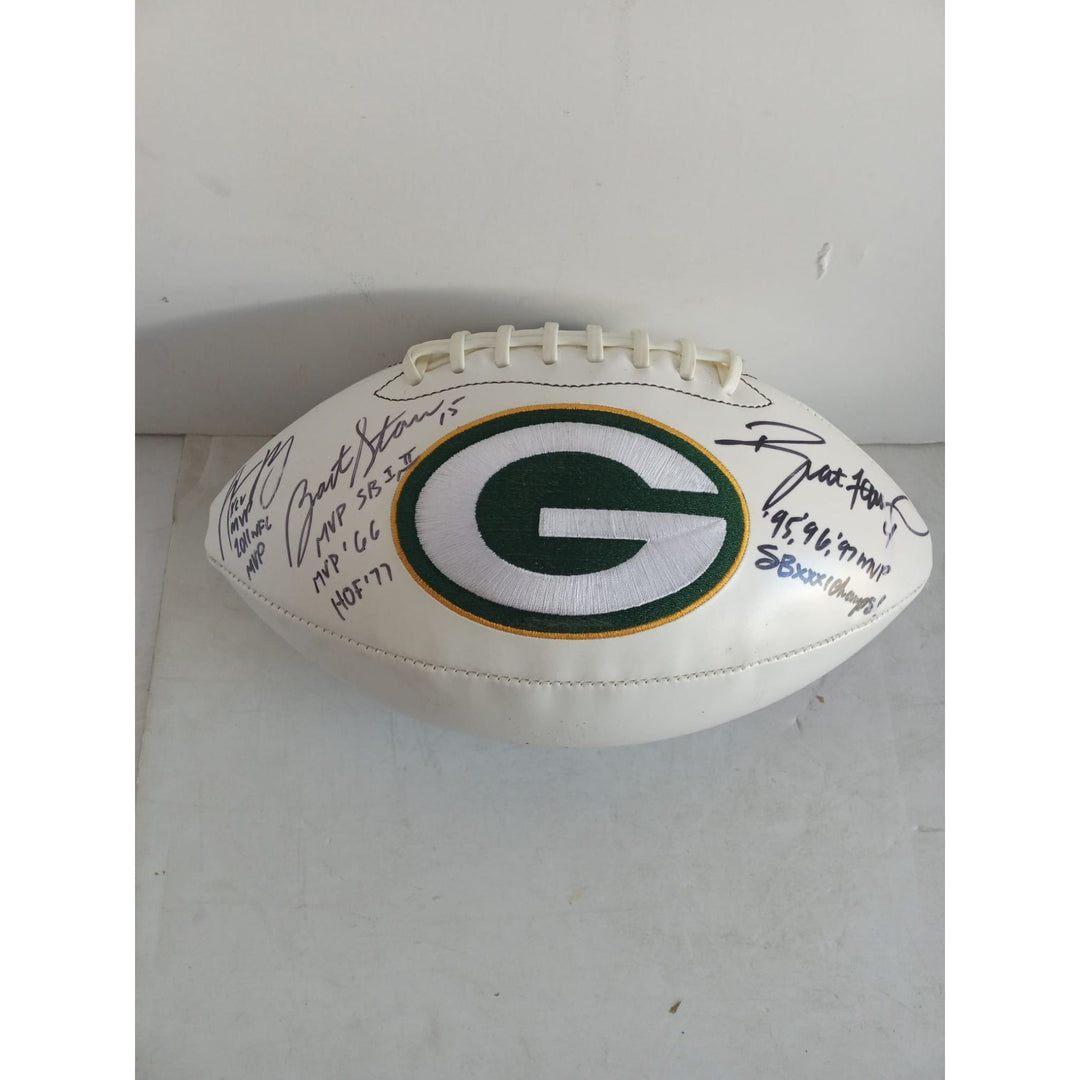 Green Bay Packers Bart Starr Aaron Rodgers Brett Favre full size football signed with proof and inscriptions