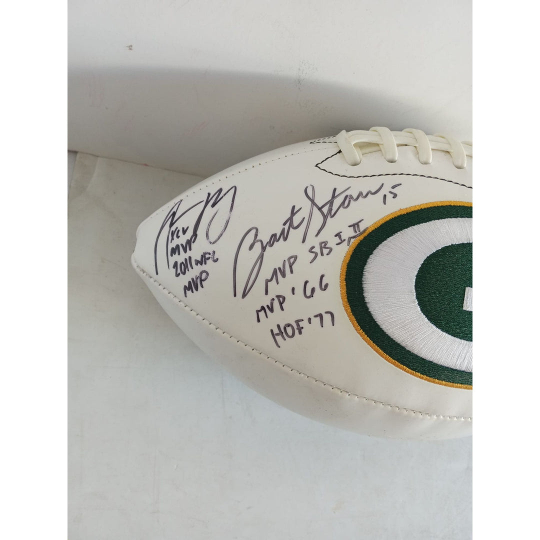 Green Bay Packers Bart Starr Aaron Rodgers Brett Favre full size football signed with proof and inscriptions